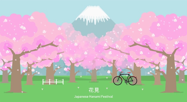 Illustratie vector platte cartoon scène landschap van Japanse kersenbloesem of Sakura bloem park