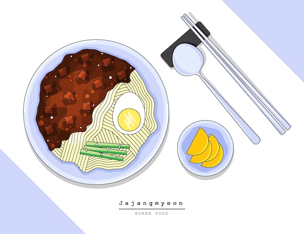 Illustratie vector platte cartoon van jajangmyeon koreaans eten op tafel in restaurant met eetstokjes