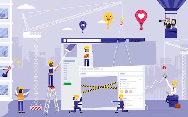 Vector illustratie vector platte sociale media diensten website-interface in aanbouw en gelukkige werknemer