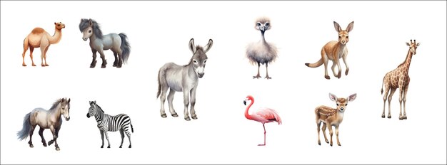 Illustratie Vector Set van verschillende wilde dieren Kamel Paard Ezel Straai Kangaroo Giraffe Pony Zebra Flamingo