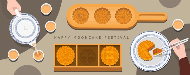 Vector illustratie vector van mooncake en theepot ingesteld op tafel bovenaanzicht