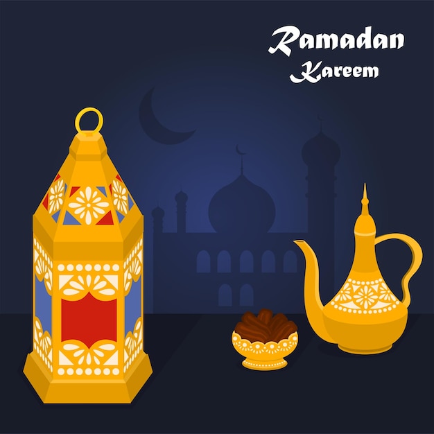 Illustratie vector van Ramadan lantaarn datum fruit en koffiepot