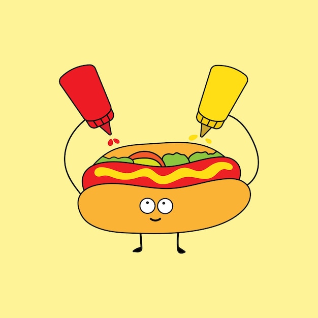 Illustratie vectorafbeelding Kinderen tekenen stijl grappige schattige hotdog met mosterd en ketchup