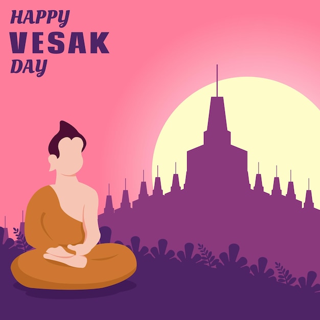 illustratie vectorafbeelding van een monnik die mediteert op het tempelterrein, perfect voor religie