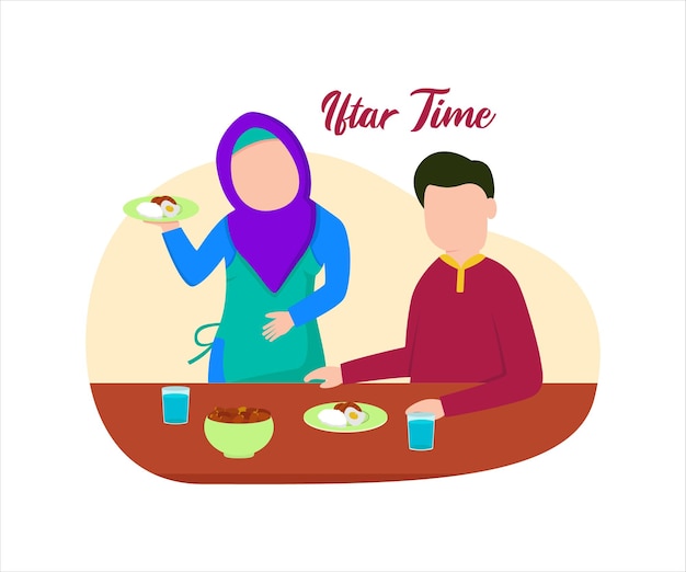 Illustratie vectorafbeelding van moslim familie die iftar . zijn