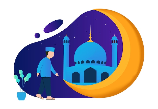 Illustratie vectorafbeelding van moslims lopen naar de moskee
