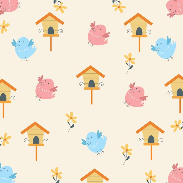 Illustratie vectorafbeelding van schattige vogels en lente bloemen patroon