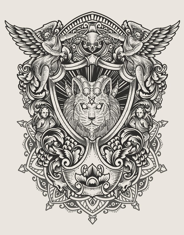 Illustratie vintage demon kat met gravure stijl