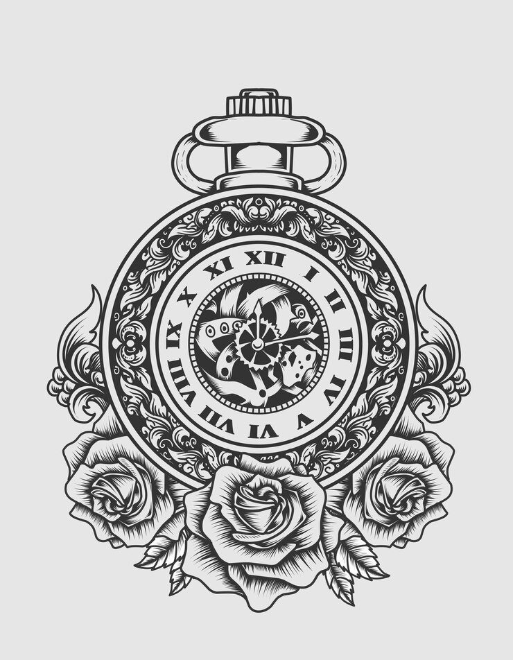 Illustratie vintage klok met roze bloem