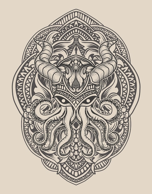 Illustratie vintage octopus met gravure ornament stijl