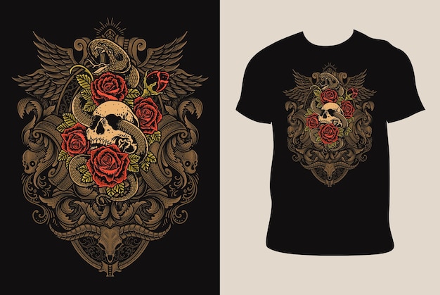 Illustratie vintage schedel slang roos met gravure ornament op T-shirt mockup