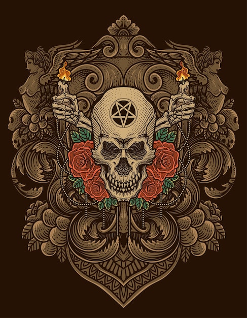 Illustratie vintage schedelhoofdroos met gegraveerd ornament