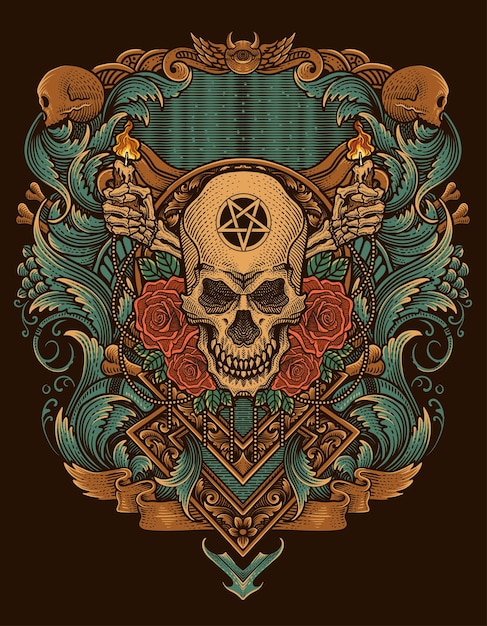 Illustratie vintage schedelhoofdroos met gegraveerd ornament