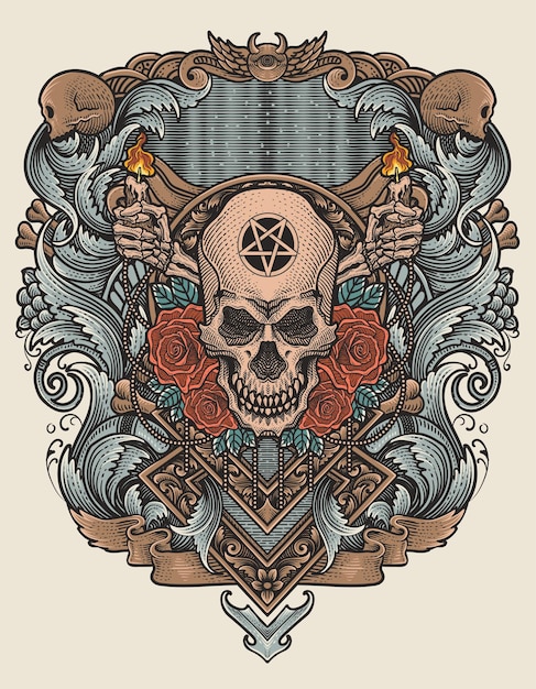 Illustratie vintage schedelhoofdroos met gegraveerd ornament
