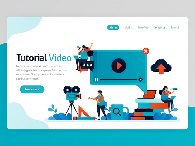 Illustratie voor de bestemmingspagina van de videozelfstudie. leerplatform, uitzendproductie voor het onderwijs. modern leren. tutoring chat- en webinar lessen.