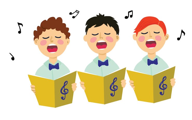 Vector illustratie voor kinderen drie grappige jongens zingen een lied in refrein notes en g-sleutel cartoon-stijl