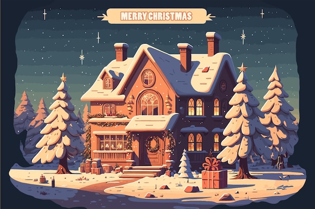 Illustratie vrolijk kerstlandschap met mooi huis. achtergrondconcept