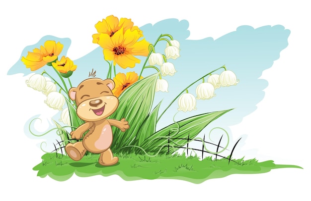 Illustratie vrolijke beer met lelies en bloemen