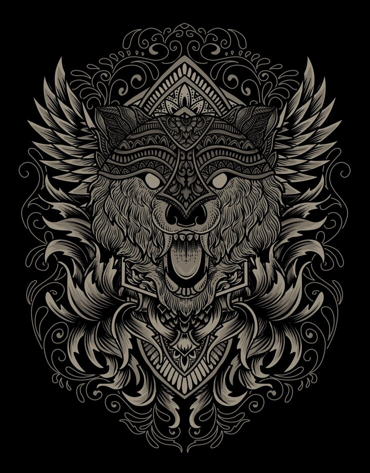 Illustratie wolf hoofd gravure ornament stijl met masker