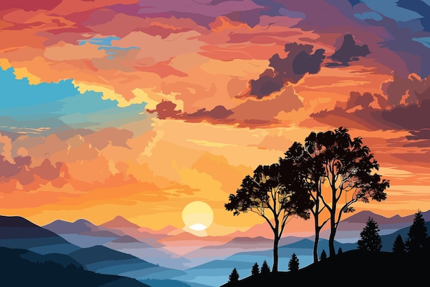 Illustratie zonsondergang en silhouetten van bomen in de bergen natuurlijk landschap