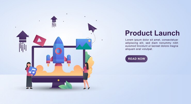 Illustratieconcept productlancering met een glijraket.