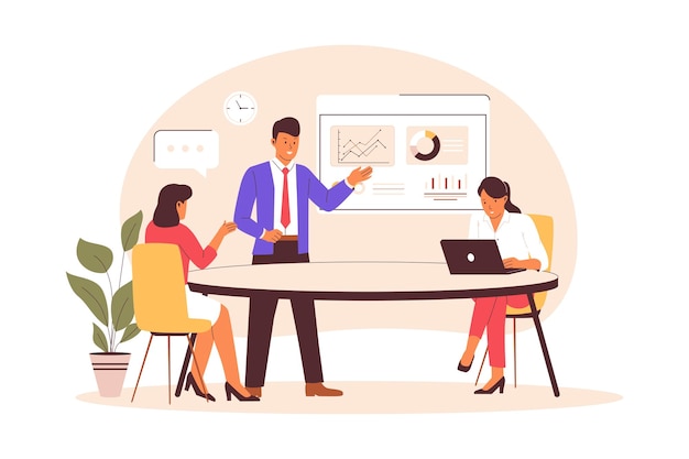 Illustratieconcept voor de presentatie van de bijeenkomst van het bedrijfsteam