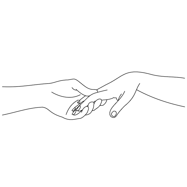 Illustratielijntekening van een close-up van een mannelijke en vrouwelijke handen die elkaar vasthouden