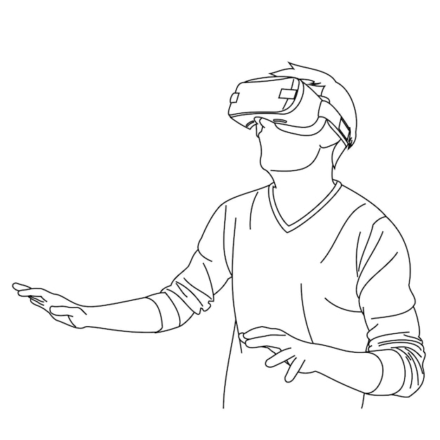 Illustratielijntekeningen van een jonge man die een Virtual Reality-bril gebruikt. Hoofdpositie opgezocht