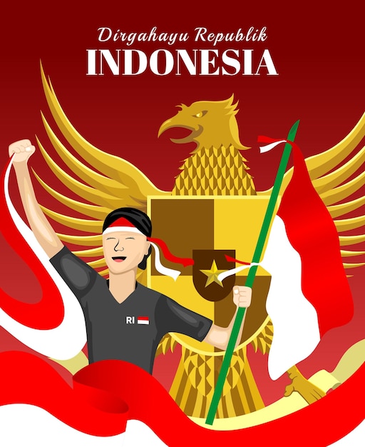Illustratieontwerp van mensen die hartstochtelijk de indonesische vlag voeren