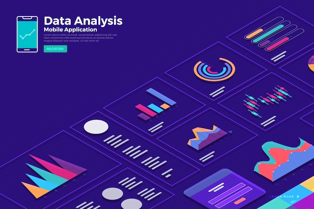 Illustraties concept isometrische data-analyse en rapportage statische wit grafiek en grafische grafiek. sjabloon voor banner van de website-sjabloon. illustreren.