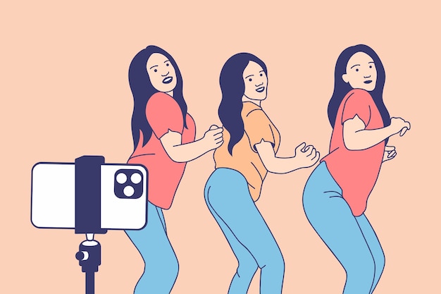 Vector illustraties groep mooi meisje die graag dansvideo opneemt met smartphone voor tiktok