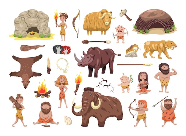 Vector illustraties met oermensen en dieren in cartoonstijl.
