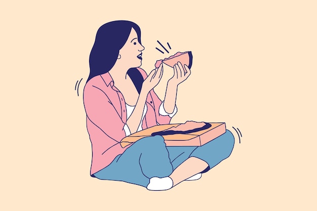 Illustraties mooie jonge vrouw zit op een vloer en eet pizza