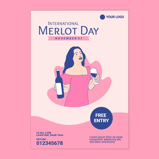 Vector illustraties mooie vrouw houdt ervan merlot-wijn vast te houden voor de postersjabloon van de internationale merlot-dag