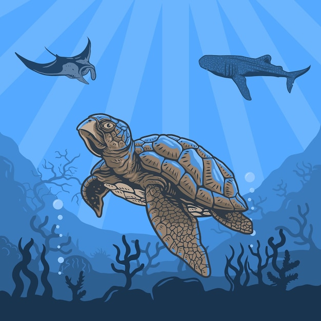 Vector illustraties onderwater van schildpadden, walvissen, pijlstaartroggen, koraalriffen en water