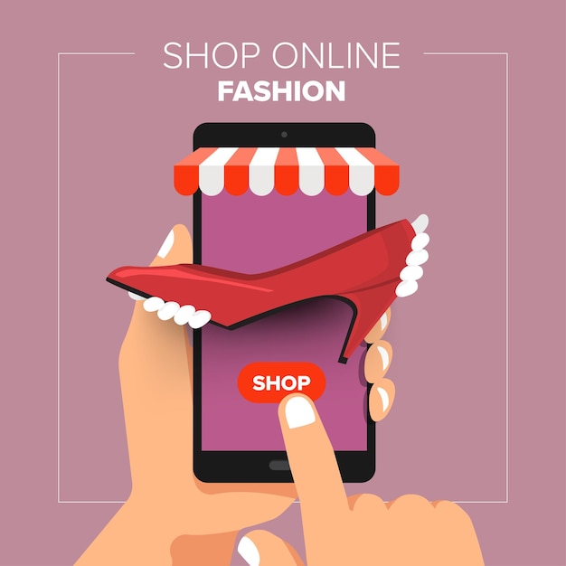 Illustraties plat ontwerpconcept mobiele winkel online winkel. hand houden mobiele verkoop mode winkelen.