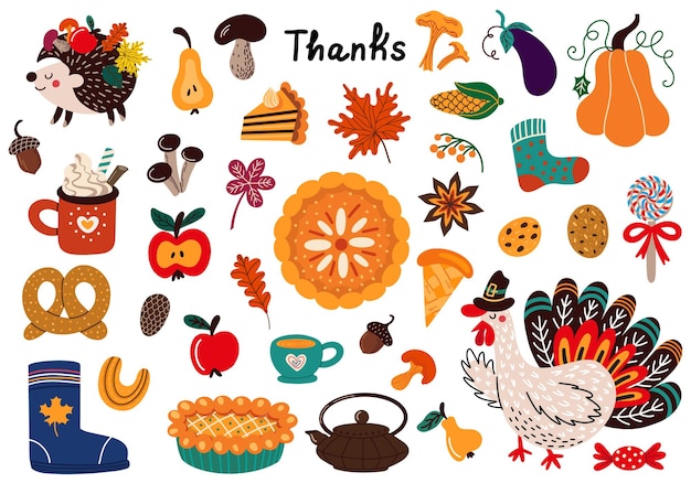 illustraties van eten met kalkoen en herfstdecoraties voor traditionele Thanksgiving