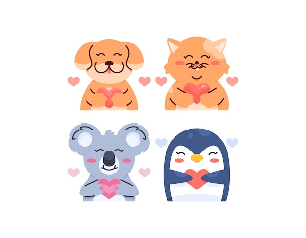 illustraties van honden katten pinguïns en koala's met harten schattige dierlijke personages