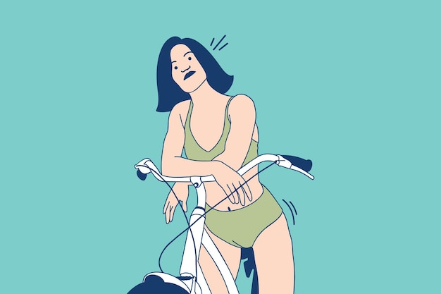 Illustraties van mooie jonge vrouw fietst op het strand