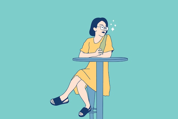 Illustraties van mooie vrouw die van tijd geniet en bier drinkt bij brouwerijbar