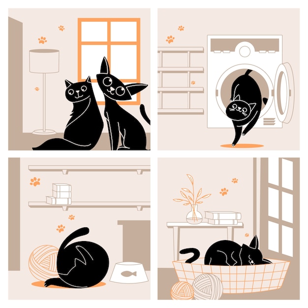 Illustraties van silhouetten van katten in een met de hand getekend ontwerp