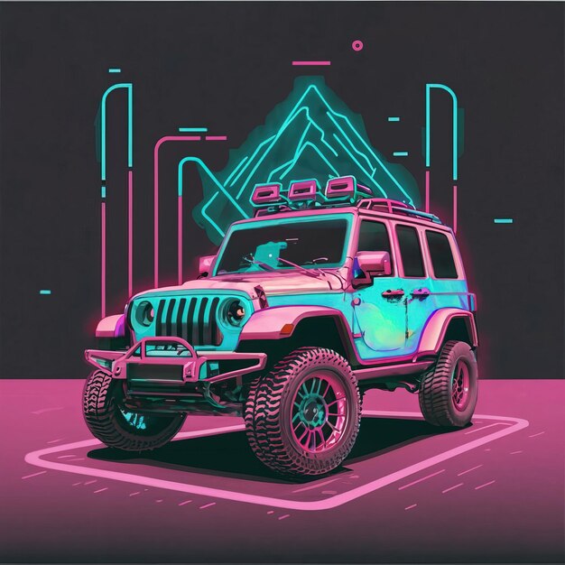 Illustraties vector auto voertuig jeep suv neon licht t shirt ontwerp