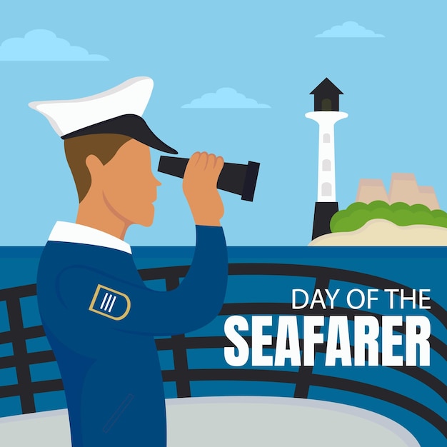 Illustratievectorafbeelding van een scheepskapitein die met een verrekijker naar de vuurtorentoren kijkt