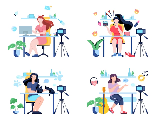 Illustratiion of video blogging concept. idea of creativity and making content, modern profession. characters recording video with cameras for their blog.