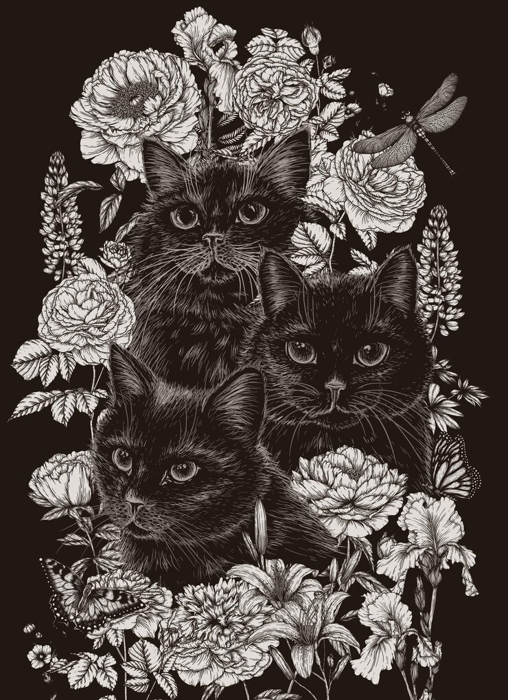 Vector illustration of 3 muzzles of black cats surrounded by flowers peonies lupine rose irises