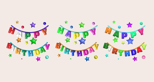 Vector illustration 3d happy birthday word and colorful stars