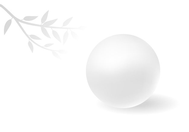 Vector illustration 3d white ball sphere and shadow of a branch with leaves on a white background