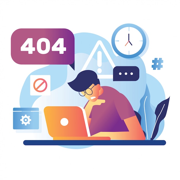  illustration 404 error page male worker frustrated in front laptop. system error upload schedule gear its good for Page Not Found Error 404.