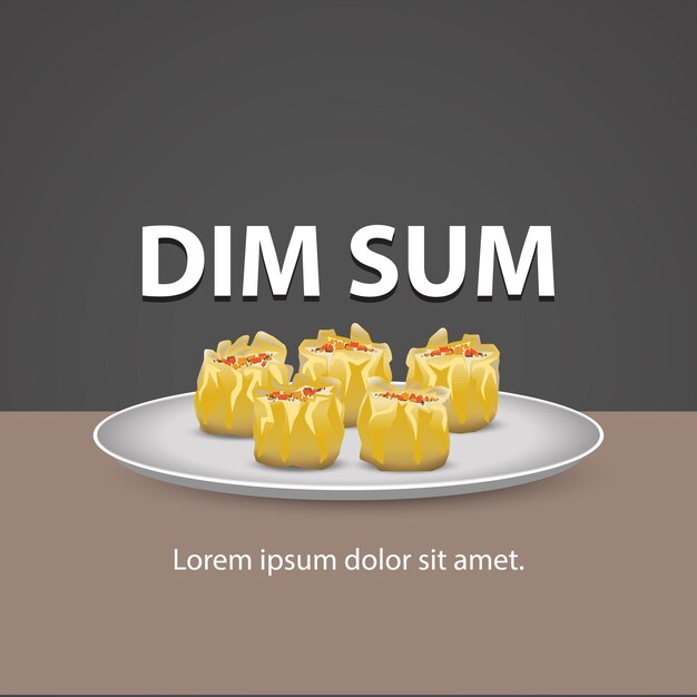 illustration of 5 dimsum dumplings with small carrot pieces on a plate