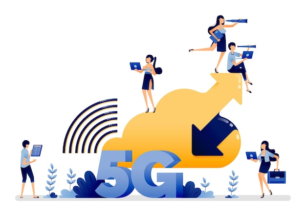 Illustration of 5g internet that communicates with the cloud for easy upload and download access